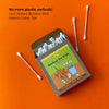 Bamboo cotton earbuds box with lots of earbuds visible and three outside against corrugated background