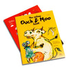 Cover and one Yellow and Red Ouch and Moo children's Books by Daily Dump on corrugated background