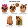 Pair of Daily Dump Prithvi Khambas home composters in outdoor garden with young girl adding kitchen waste to one.