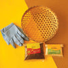 Bamboo Sieve, Microbes Powder, Neem Powder and gloves on corrugated background