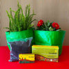 Two Green grow bags with Cocobrick and Seed Balls packet and Compost against corrugated background