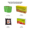Two Green grow bags with Cocobrick and Seed Balls packet and Compost against corrugated background