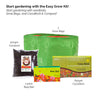 Two Green grow bags with Cocobrick and Seed Balls packet and Compost against corrugated background