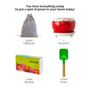 Yellow pot with plate trowel Beej Ball and Compost pack on corrugated background