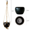 Black hanging pot with flower against corrugated background