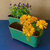 set of 2 long teal metal pots with plants ideal for indoor and outdoor use