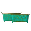 set of 2 long teal metal pots with plants ideal for indoor and outdoor use