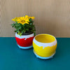 Daily Dump red round metal planter 5.5 inch with white plates with flowers