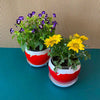 Daily Dump red round metal planter 5.5 inch with white plates with flowers