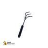 Daily Dump short metal hand rake 3 prong for composting and gardening on corrugated background
